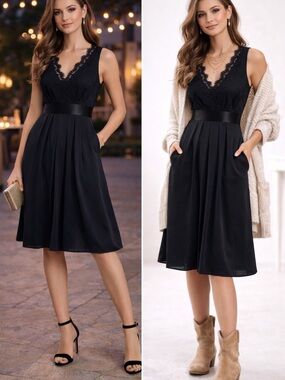 Banana Republic Black Silk Blend Lace Dress A-Line Pleated V-Neck Classic Sz 6